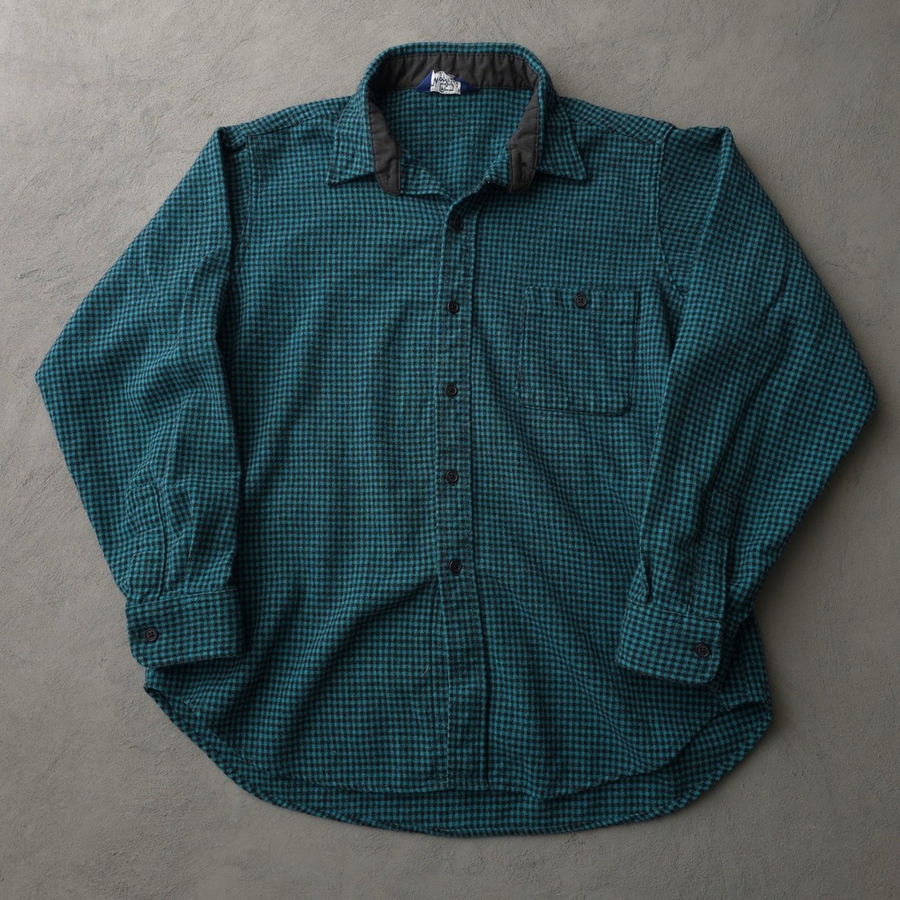 Vintage 80s Woolrich Teal Houndstooth Wool Button Up Shirt XL USA Made